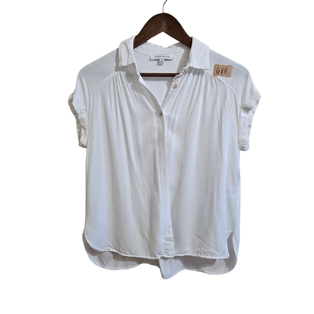 Rose + Olive White Blouse XS Split Neck Ruffle Cap Sleeve Top Boho Cottage Hippi
